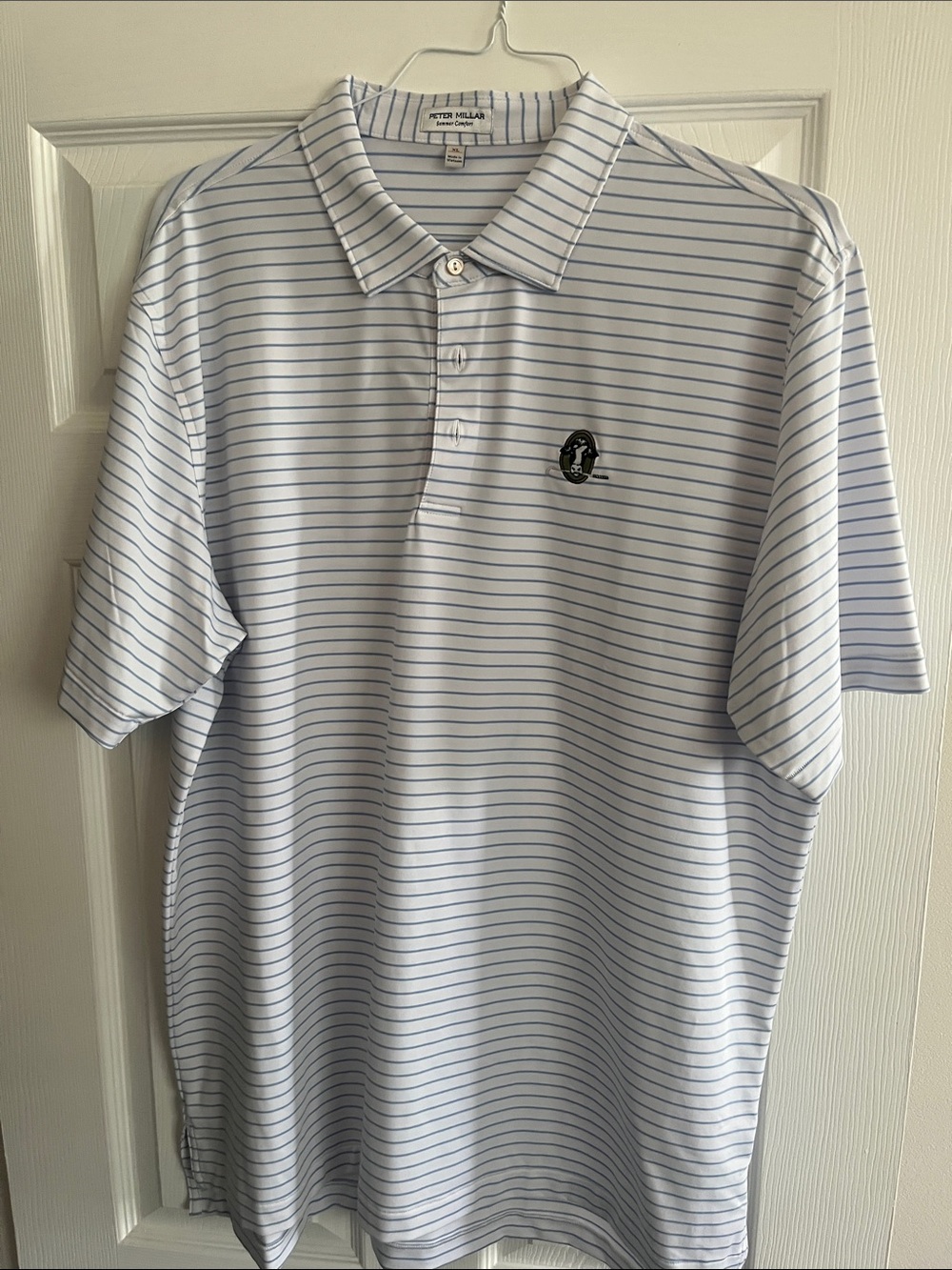 Peter Millar White Polo with Thin Light Blue Stripes and Embroidered Logo